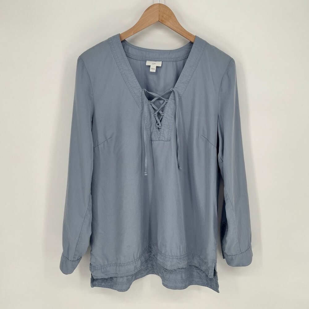 J. Jill Womens Chambray Lace Up Top Size L Blue Long Sleeve Pullover Tencel